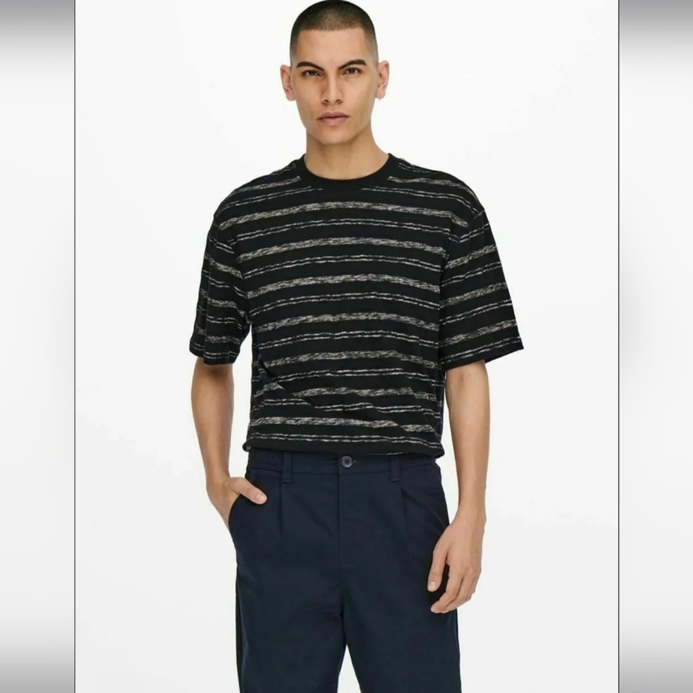 ​⭐ 2 FOR $20 ONLY &SONS 100% Cotton Striped Black Tan Crew Neck T-Shirt Mens S L